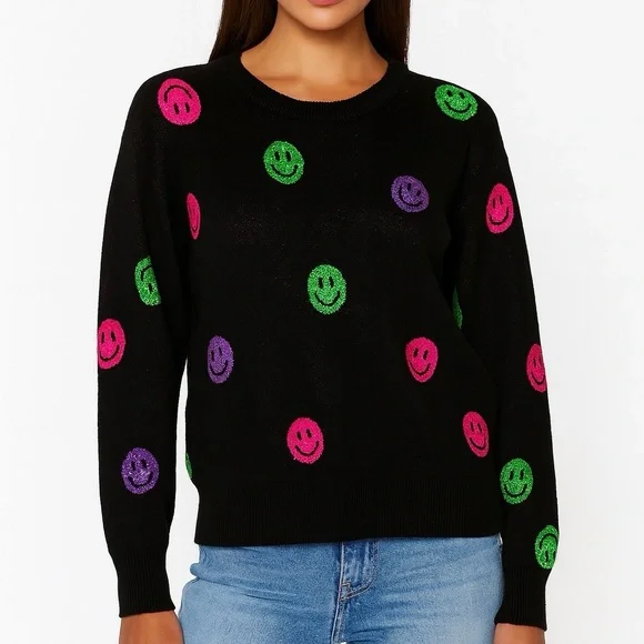 Queen of Sparkles Smiley Sequin Sweater - Picture 1 of 14